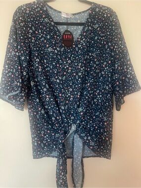BluShine Navy Floral Tie-Front Women's Top